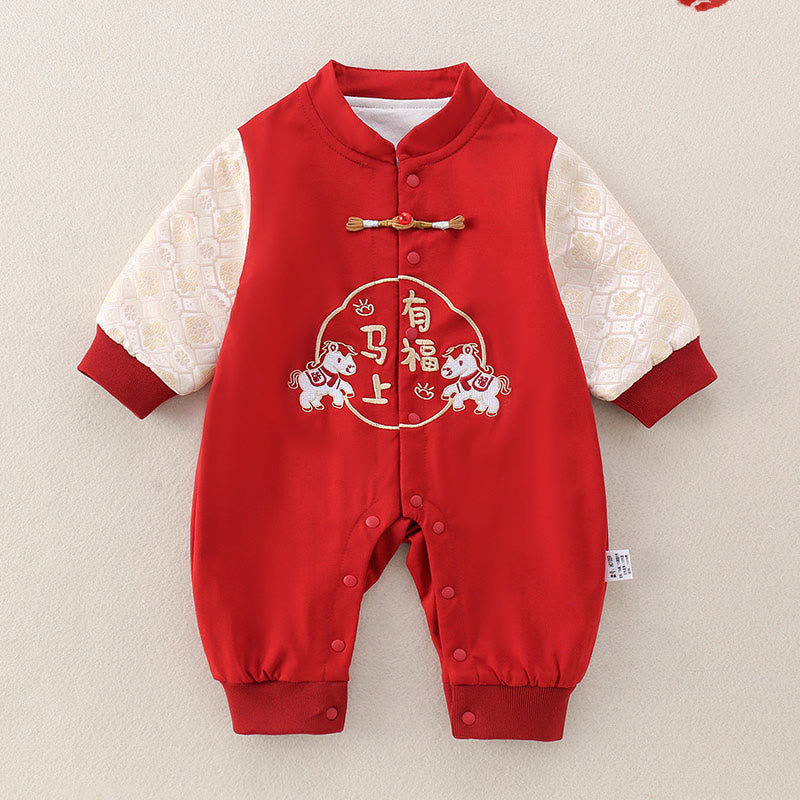Tutina intera a maniche lunghe in cotone per neonato, bambina e ragazzo, con Buddha Stones, primavera e autunno, rossa, anno del cavallo, buona fortuna - Rosso - 10-15 milioni - image 0