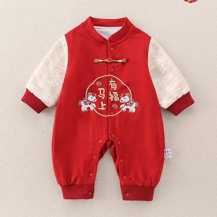 Tutina intera a maniche lunghe in cotone per neonato, bambina e ragazzo, con Buddha Stones, primavera e autunno, rossa, anno del cavallo, buona fortuna - Rosso - 10-15 milioni - image 0