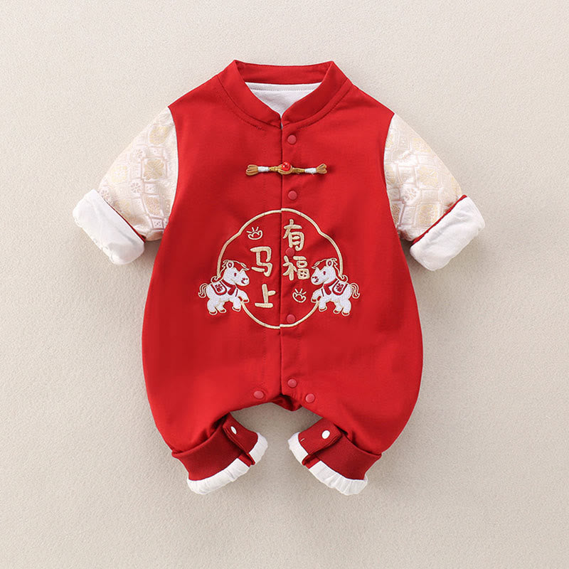 Tutina intera a maniche lunghe in cotone per neonato, bambina e ragazzo, con Buddha Stones, primavera e autunno, rossa, anno del cavallo, buona fortuna - image 1