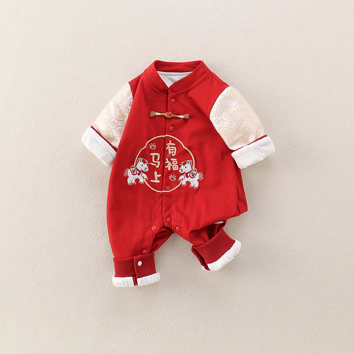Tutina intera a maniche lunghe in cotone per neonato, bambina e ragazzo, con Buddha Stones, primavera e autunno, rossa, anno del cavallo, buona fortuna - image 2