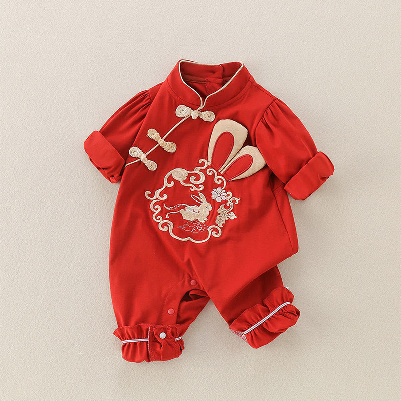 Tutina intera a maniche lunghe in cotone per bambina con motivo a coniglio rosso, motivo Buddha Stones, primavera-autunno - image 1