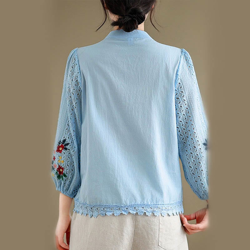 Camicia da donna a maniche lunghe con colletto rialzato, bottoni, motivo a foglie e ricami in pizzo autunnale Buddha Stones - image 5