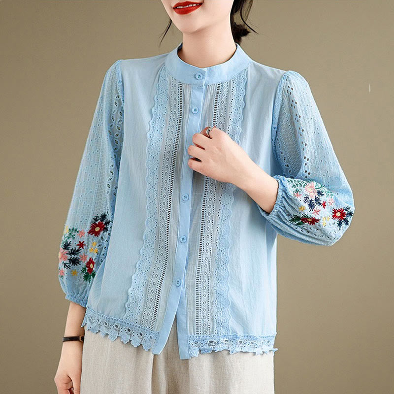 Camicia da donna a maniche lunghe con colletto rialzato, bottoni, motivo a foglie e ricami in pizzo autunnale Buddha Stones - Blu cielo profondo - US8-10, UK/AU12-14, EU40-42 (2XL) - image 0