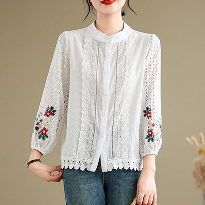 Camicia da donna a maniche lunghe con colletto rialzato, bottoni, motivo a foglie e ricami in pizzo autunnale Buddha Stones - image 7