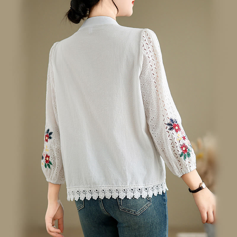 Camicia da donna a maniche lunghe con colletto rialzato, bottoni, motivo a foglie e ricami in pizzo autunnale Buddha Stones - image 11