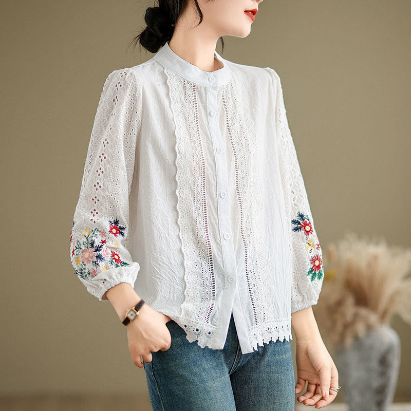 Camicia da donna a maniche lunghe con colletto rialzato, bottoni, motivo a foglie e ricami in pizzo autunnale Buddha Stones - image 8