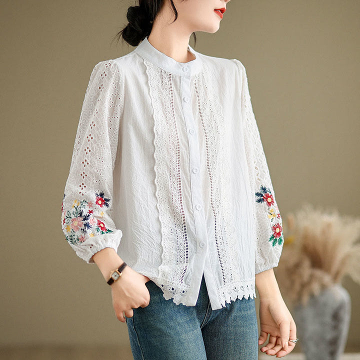 Camicia da donna a maniche lunghe con colletto rialzato, bottoni, motivo a foglie e ricami in pizzo autunnale Buddha Stones - image 8