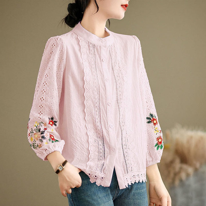 Camicia da donna a maniche lunghe con colletto rialzato, bottoni, motivo a foglie e ricami in pizzo autunnale Buddha Stones - image 15