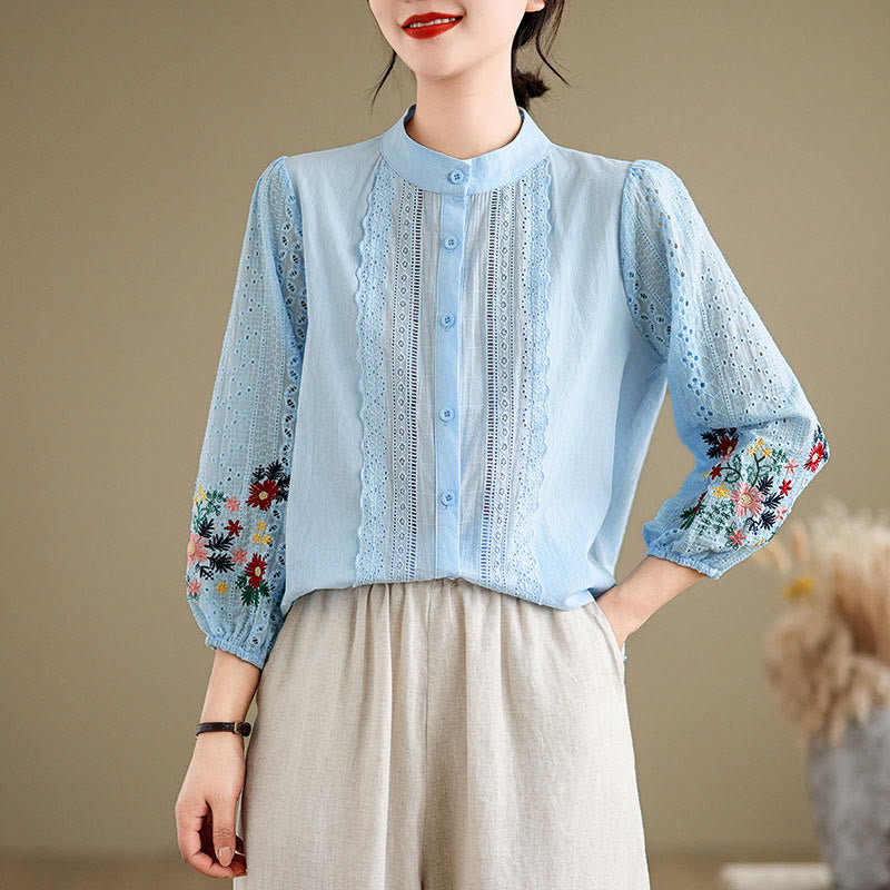 Camicia da donna a maniche lunghe con colletto rialzato, bottoni, motivo a foglie e ricami in pizzo autunnale Buddha Stones - image 1