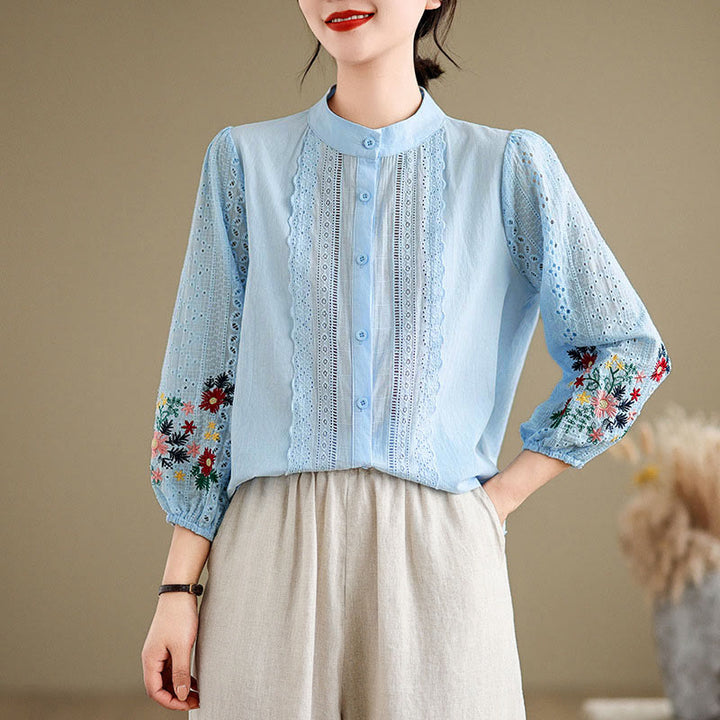Camicia da donna a maniche lunghe con colletto rialzato, bottoni, motivo a foglie e ricami in pizzo autunnale Buddha Stones - image 1