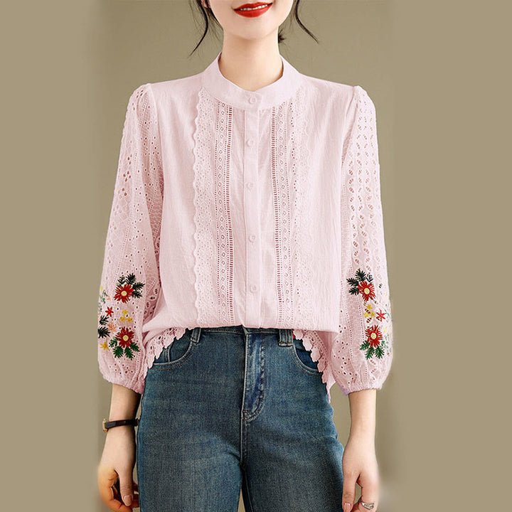 Camicia da donna a maniche lunghe con colletto rialzato, bottoni, motivo a foglie e ricami in pizzo autunnale Buddha Stones - image 14