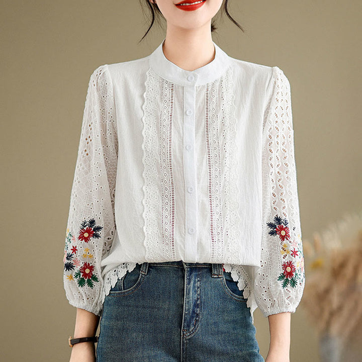 Camicia da donna a maniche lunghe con colletto rialzato, bottoni, motivo a foglie e ricami in pizzo autunnale Buddha Stones - image 9