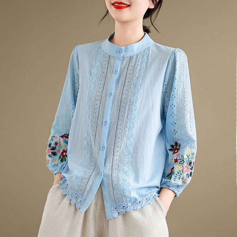 Camicia da donna a maniche lunghe con colletto rialzato, bottoni, motivo a foglie e ricami in pizzo autunnale Buddha Stones - image 3