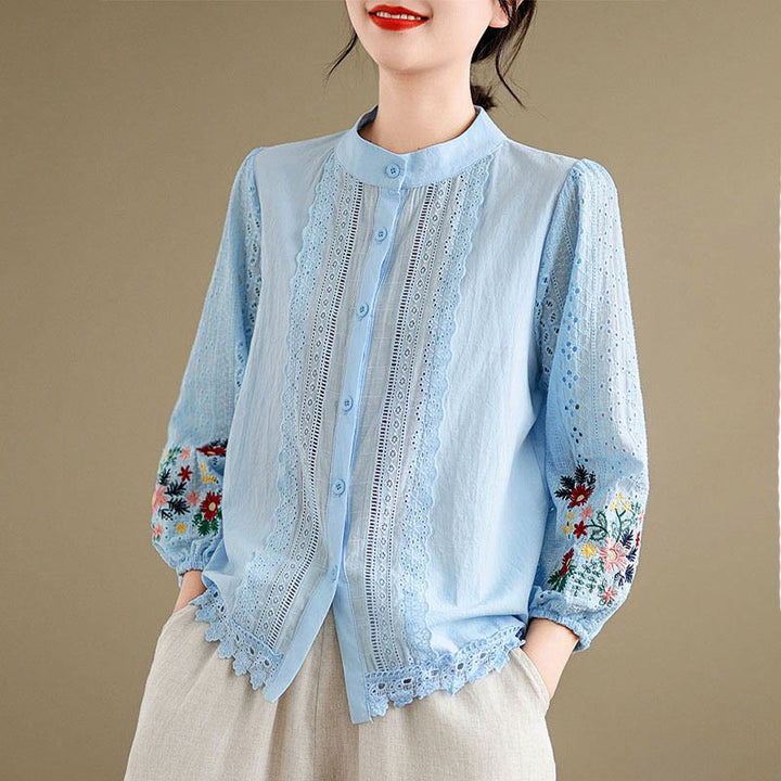 Camicia da donna a maniche lunghe con colletto rialzato, bottoni, motivo a foglie e ricami in pizzo autunnale Buddha Stones - image 3