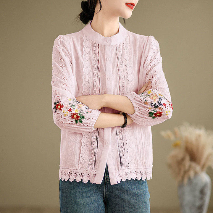 Camicia da donna a maniche lunghe con colletto rialzato, bottoni, motivo a foglie e ricami in pizzo autunnale Buddha Stones - image 16
