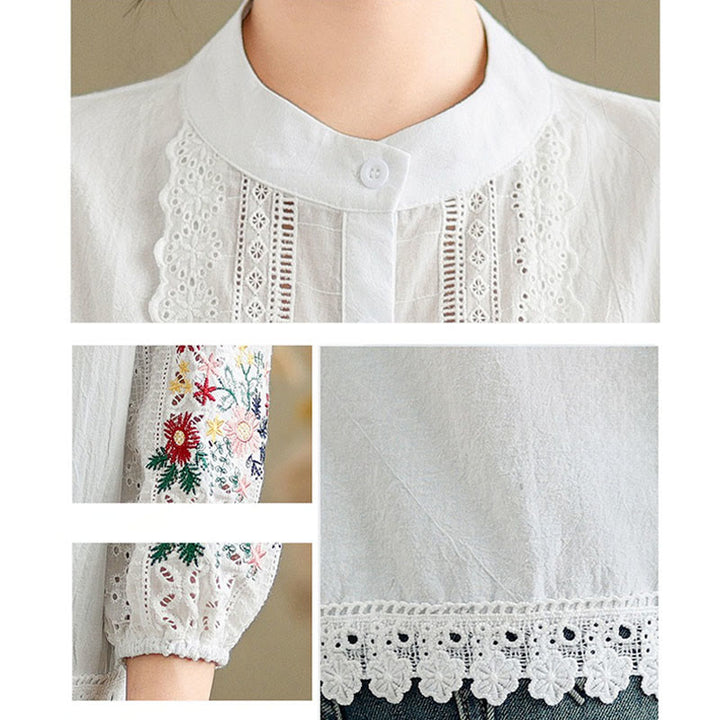 Camicia da donna a maniche lunghe con colletto rialzato, bottoni, motivo a foglie e ricami in pizzo autunnale Buddha Stones - image 12