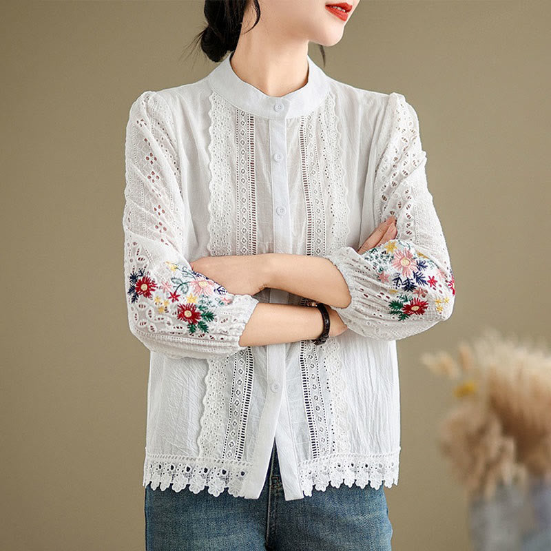 Camicia da donna a maniche lunghe con colletto rialzato, bottoni, motivo a foglie e ricami in pizzo autunnale Buddha Stones - image 10