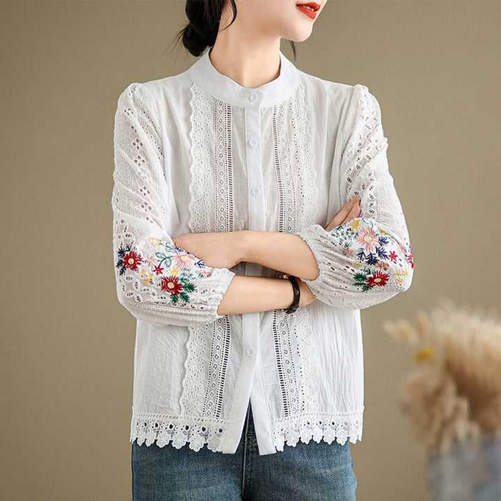 Camicia da donna a maniche lunghe con colletto rialzato, bottoni, motivo a foglie e ricami in pizzo autunnale Buddha Stones - image 10