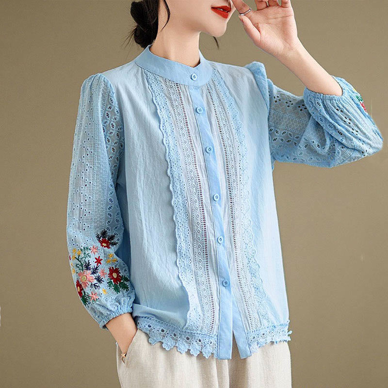 Camicia da donna a maniche lunghe con colletto rialzato, bottoni, motivo a foglie e ricami in pizzo autunnale Buddha Stones - image 4