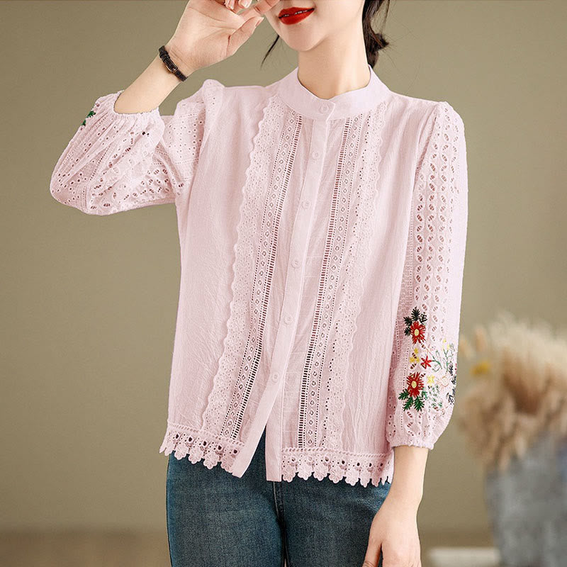 Camicia da donna a maniche lunghe con colletto rialzato, bottoni, motivo a foglie e ricami in pizzo autunnale Buddha Stones - Rosa - US8-10, UK/AU12-14, EU40-42 (2XL) - image 13