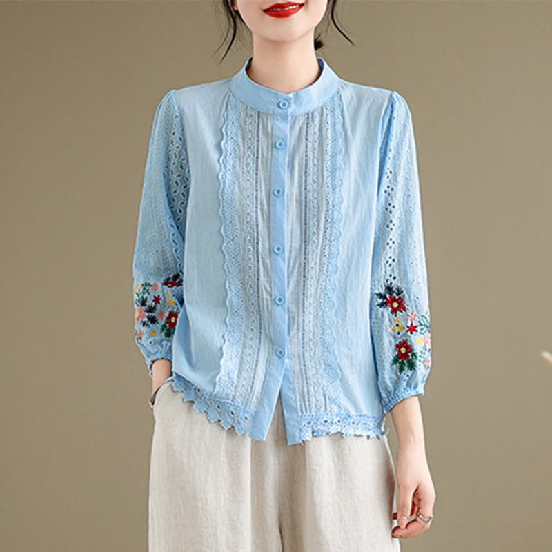 Camicia da donna a maniche lunghe con colletto rialzato, bottoni, motivo a foglie e ricami in pizzo autunnale Buddha Stones - image 2