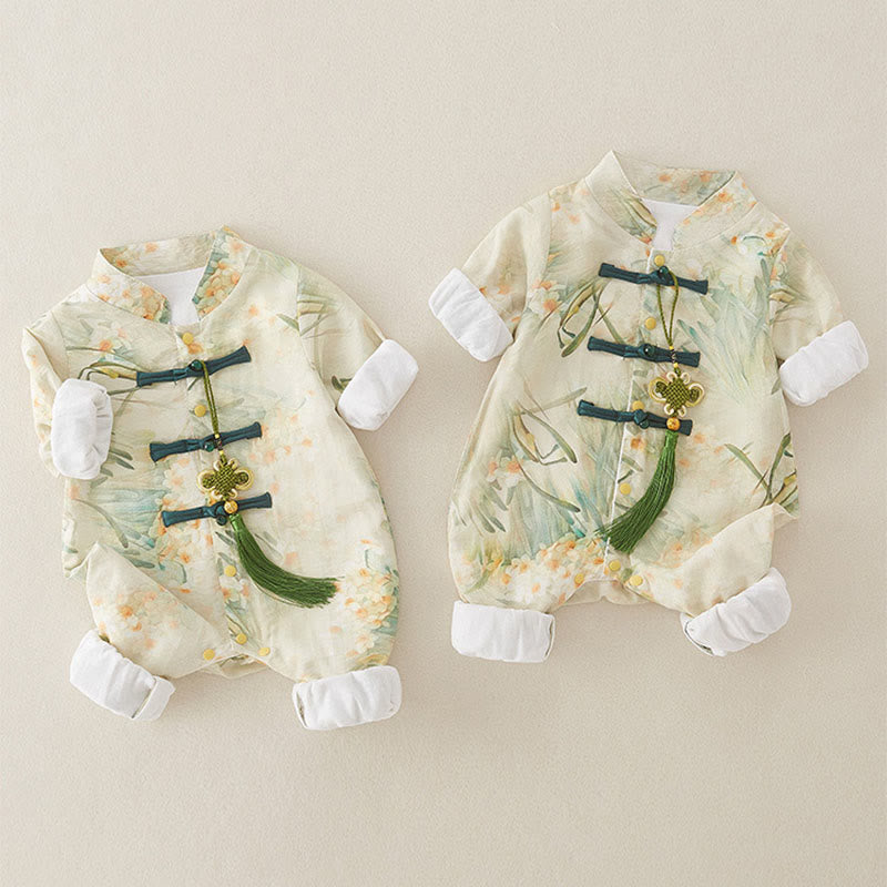 Tutina intera a maniche lunghe in cotone per bambina con motivo Buddha Stones, primavera, autunno, fiori beige, erba verde - image 5