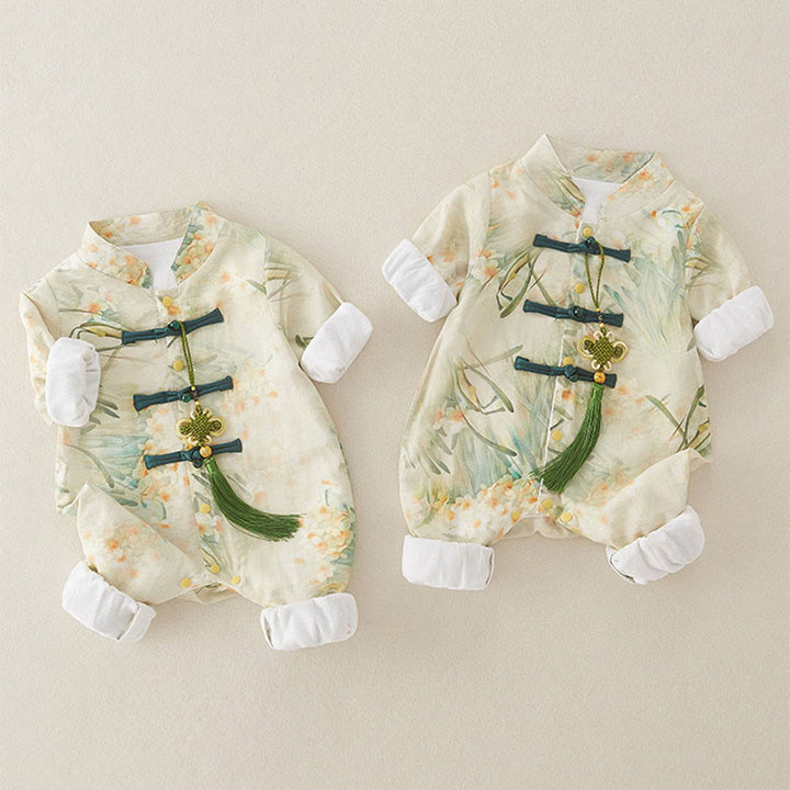 Tutina intera a maniche lunghe in cotone per bambina con motivo Buddha Stones, primavera, autunno, fiori beige, erba verde - image 5