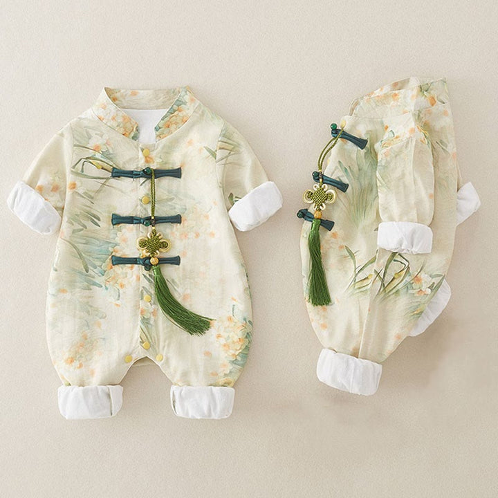 Tutina intera a maniche lunghe in cotone per bambina con motivo Buddha Stones, primavera, autunno, fiori beige, erba verde - image 4