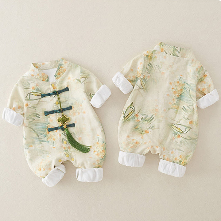 Tutina intera a maniche lunghe in cotone per bambina con motivo Buddha Stones, primavera, autunno, fiori beige, erba verde - image 3