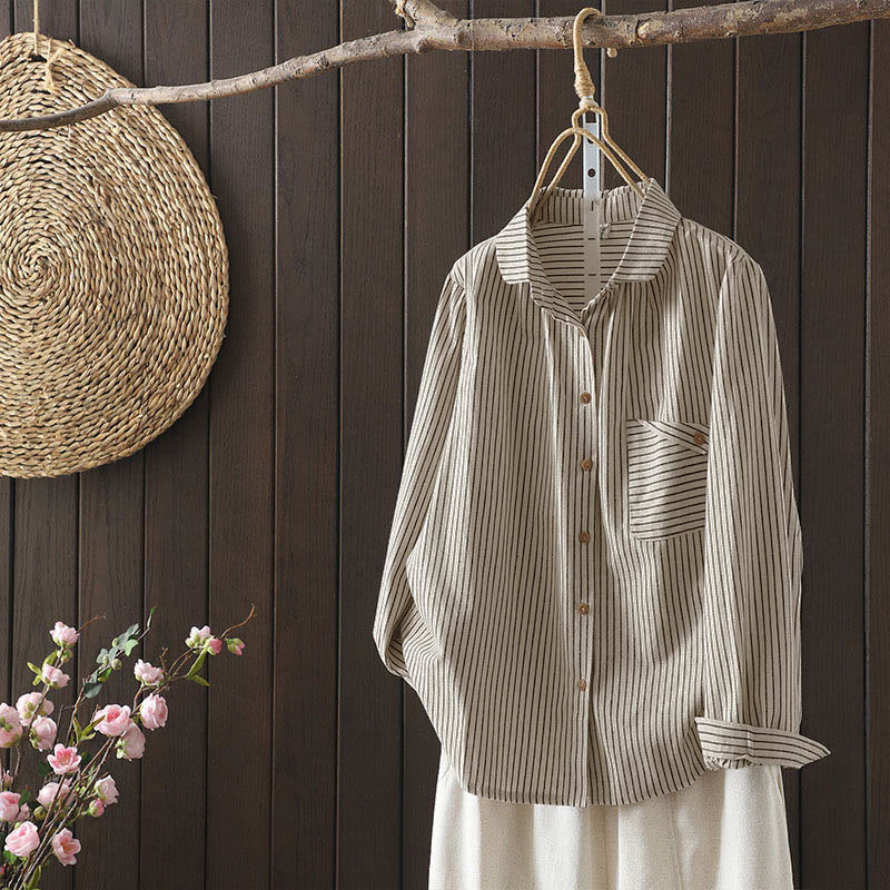 Camicia da donna a maniche lunghe con colletto rialzato, bottoni e tasca, motivo a righe autunnali Buddha Stones - image 2