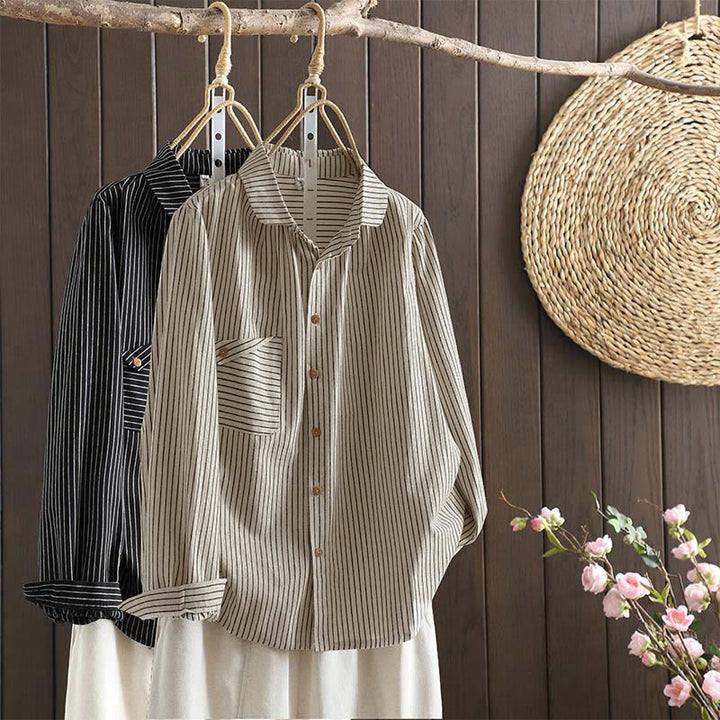 Camicia da donna a maniche lunghe con colletto rialzato, bottoni e tasca, motivo a righe autunnali Buddha Stones - image 0