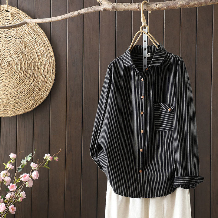 Camicia da donna a maniche lunghe con colletto rialzato, bottoni e tasca, motivo a righe autunnali Buddha Stones - image 14
