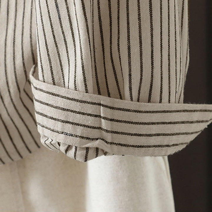 Camicia da donna a maniche lunghe con colletto rialzato, bottoni e tasca, motivo a righe autunnali Buddha Stones - image 9