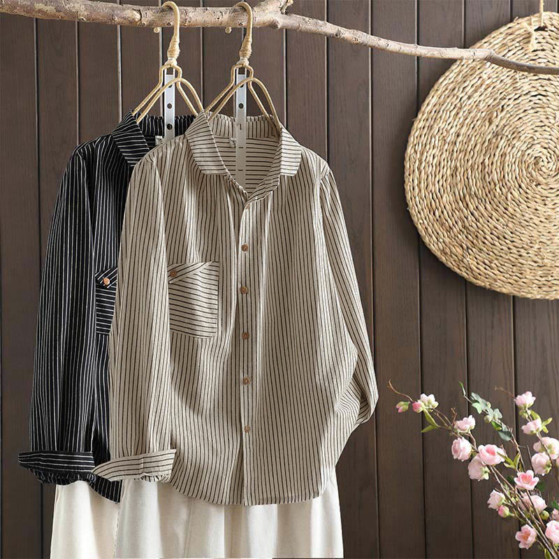 Camicia da donna a maniche lunghe con colletto rialzato, bottoni e tasca, motivo a righe autunnali Buddha Stones - image 0
