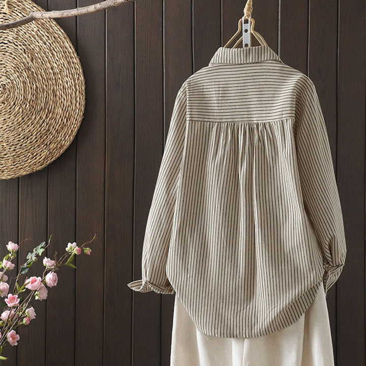 Camicia da donna a maniche lunghe con colletto rialzato, bottoni e tasca, motivo a righe autunnali Buddha Stones - image 4