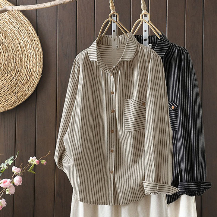 Camicia da donna a maniche lunghe con colletto rialzato, bottoni e tasca, motivo a righe autunnali Buddha Stones - image 20