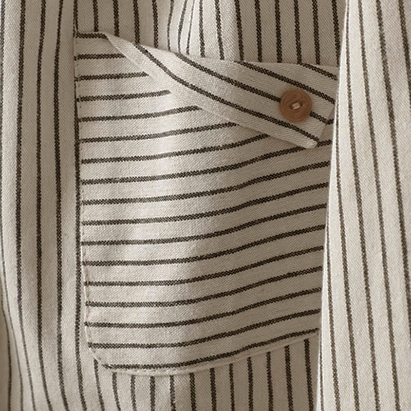 Camicia da donna a maniche lunghe con colletto rialzato, bottoni e tasca, motivo a righe autunnali Buddha Stones - image 7