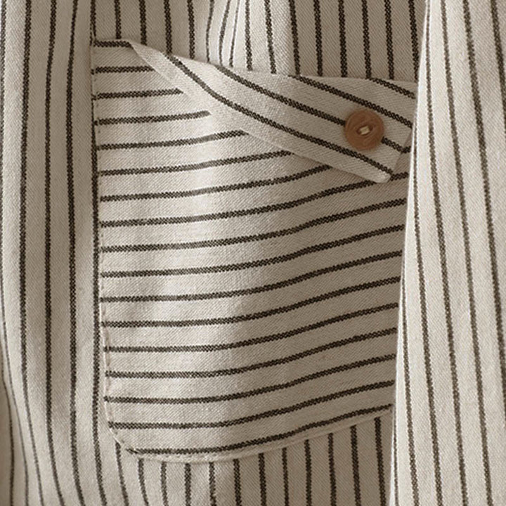 Camicia da donna a maniche lunghe con colletto rialzato, bottoni e tasca, motivo a righe autunnali Buddha Stones - image 7