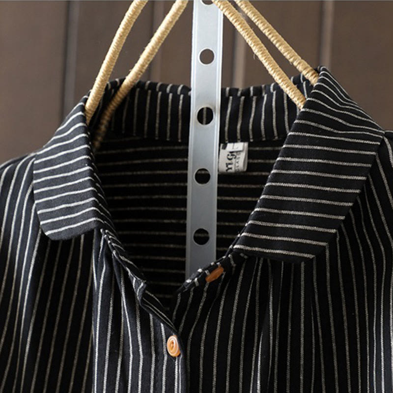 Camicia da donna a maniche lunghe con colletto rialzato, bottoni e tasca, motivo a righe autunnali Buddha Stones - image 15