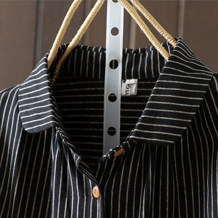 Camicia da donna a maniche lunghe con colletto rialzato, bottoni e tasca, motivo a righe autunnali Buddha Stones - image 15