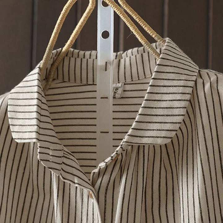 Camicia da donna a maniche lunghe con colletto rialzato, bottoni e tasca, motivo a righe autunnali Buddha Stones - image 5