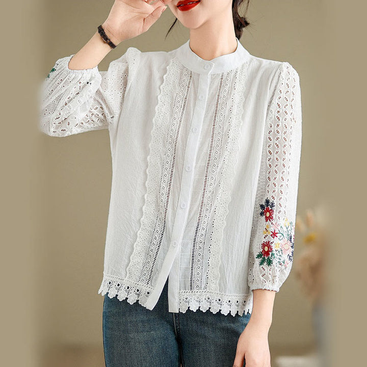Camicia da donna a maniche lunghe con colletto rialzato, bottoni, motivo a foglie e ricami in pizzo autunnale Buddha Stones - Bianco - US8-10, UK/AU12-14, EU40-42 (2XL) - image 6