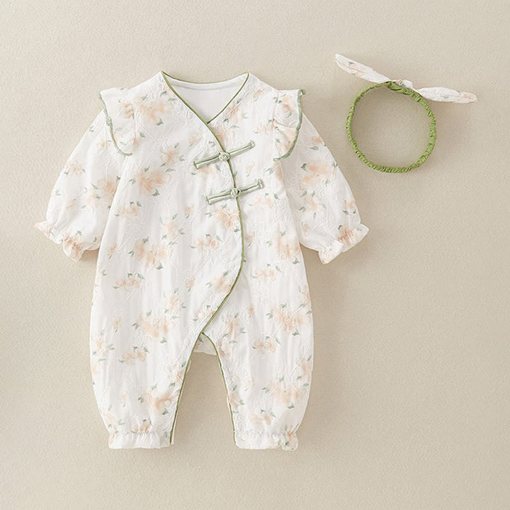 Tutina intera in cotone a maniche lunghe per bambina, con scollo a V, motivo: Buddha Stones, primavera/autunno, fiori giallo chiaro - image 3