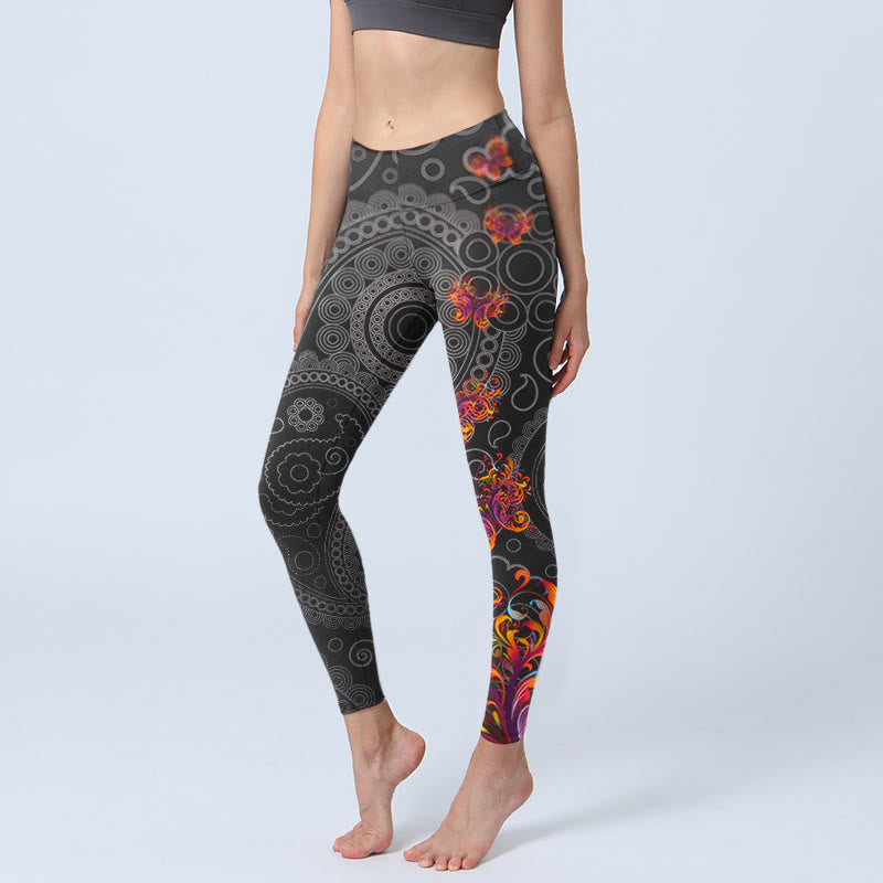 Leggings da palestra con motivo floreale e paisley a contrasto forte, pantaloni da yoga da donna, Buddha Stones - Nero - US18, UK/AU22, EU50 (4XL) - image 0