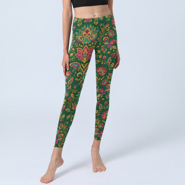 Leggings da palestra con motivo a foglie e fiori dai colori vivaci, pantaloni da yoga da donna, Buddha Stones - image 5