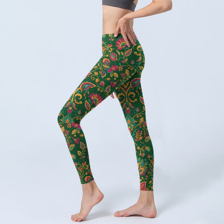 Leggings da palestra con motivo a foglie e fiori dai colori vivaci, pantaloni da yoga da donna, Buddha Stones - image 2