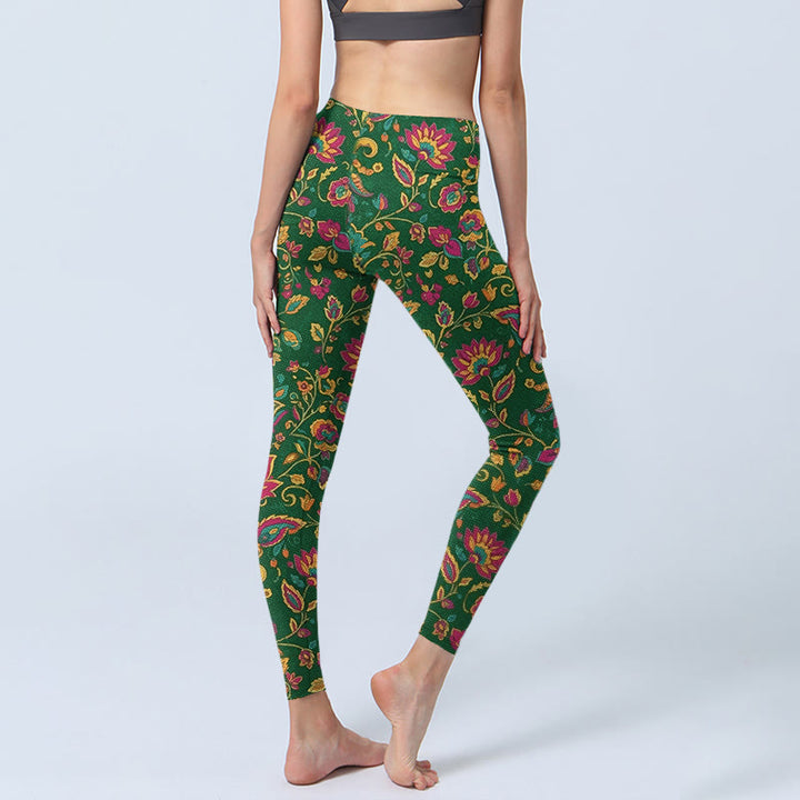 Leggings da palestra con motivo a foglie e fiori dai colori vivaci, pantaloni da yoga da donna, Buddha Stones - image 4