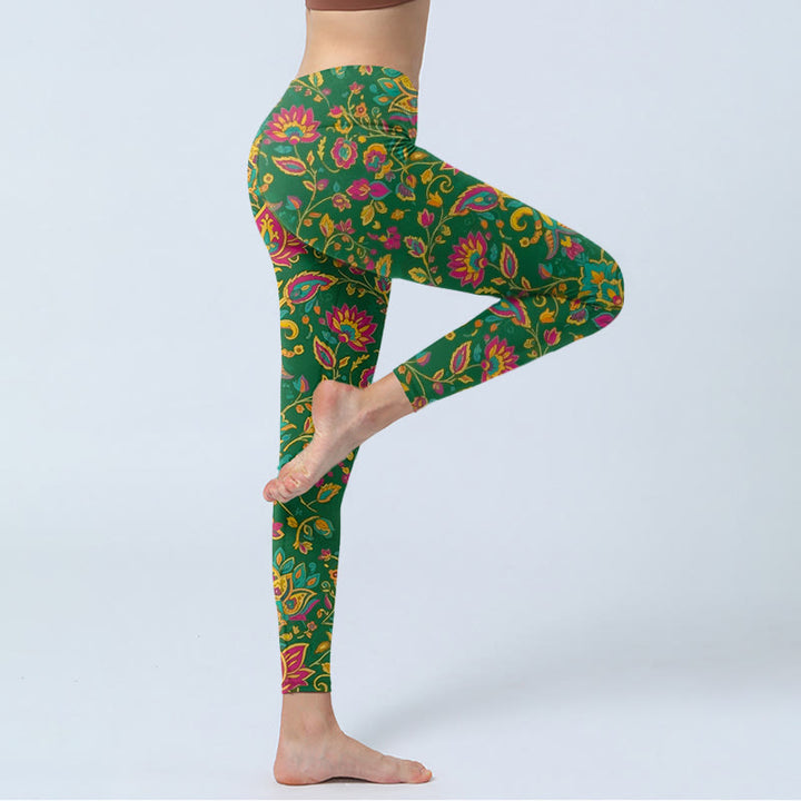 Leggings da palestra con motivo a foglie e fiori dai colori vivaci, pantaloni da yoga da donna, Buddha Stones - image 3