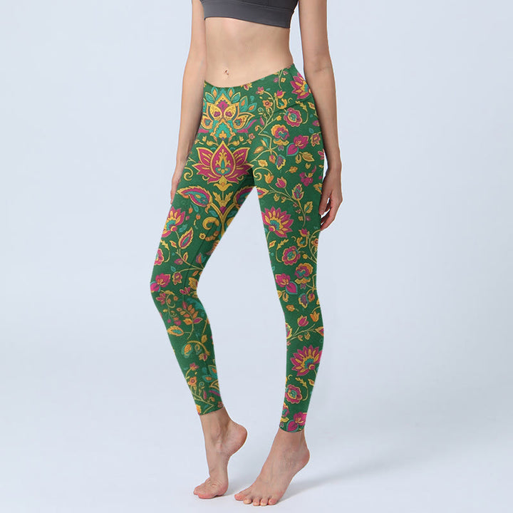 Leggings da palestra con motivo a foglie e fiori dai colori vivaci, pantaloni da yoga da donna, Buddha Stones - Verde - US18, UK/AU22, EU50 (4XL) - image 0