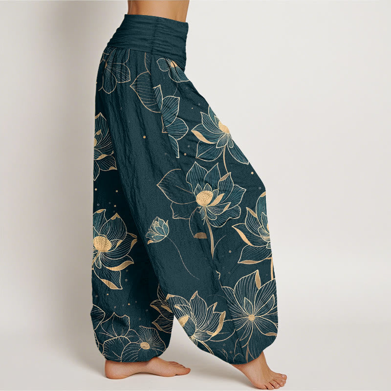 Pantaloni harem da donna con elastico in vita e motivo a loto in puro cotone Buddha Stones - image 2